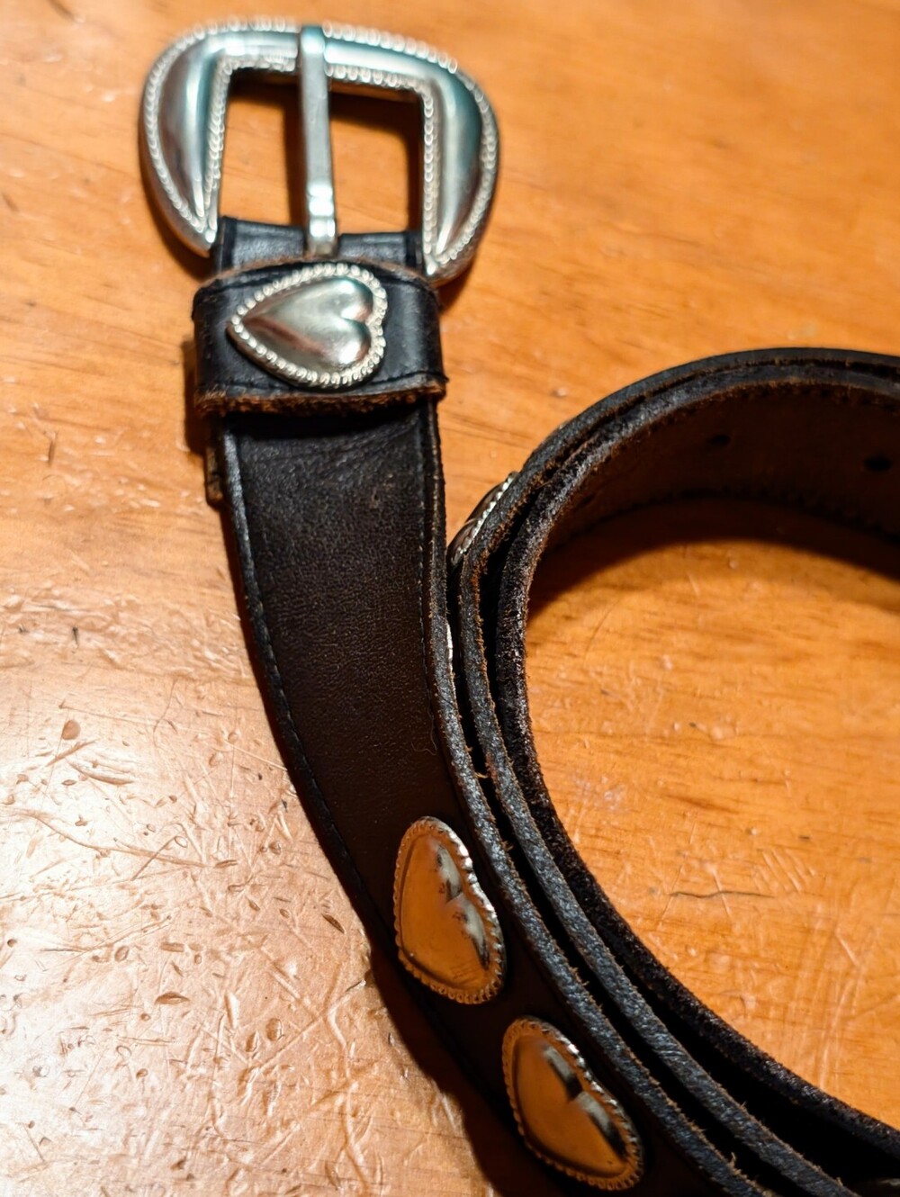 Vintage Black Leather Belt with Silver Heart Accents Size Large